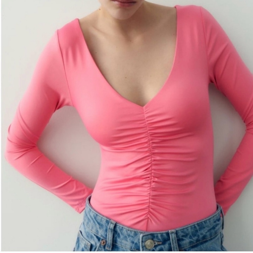 Zara Pink Long Sleeve Ruched Bodysuit size Large